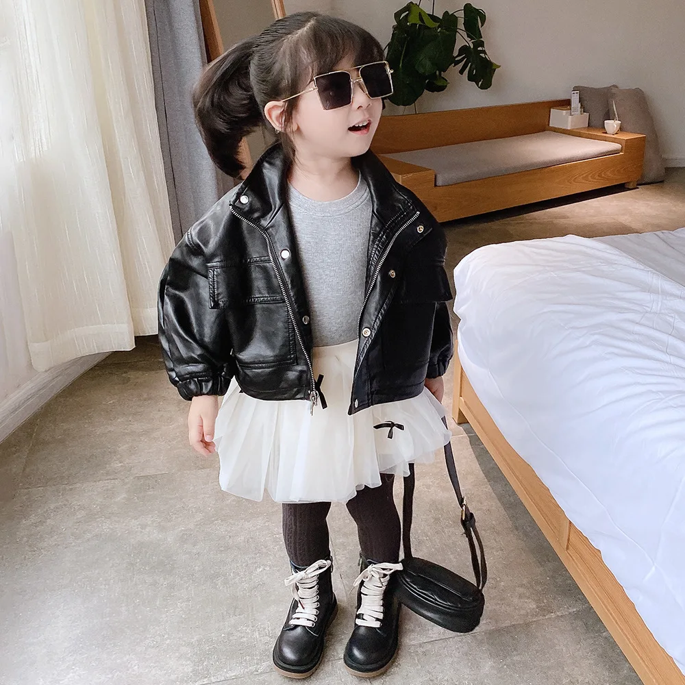 

2020 Cute Girl Black Pu Leather Crop Jacket Stylish Toddler Girl Short Casual Jacket for 3-7T, As photos