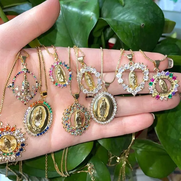 

Brass Gold Plated Multi Color CZ Diamond Setting Christian Virgin Mary Virgen De Guadalupe Box Chain Women Necklace Jewelry