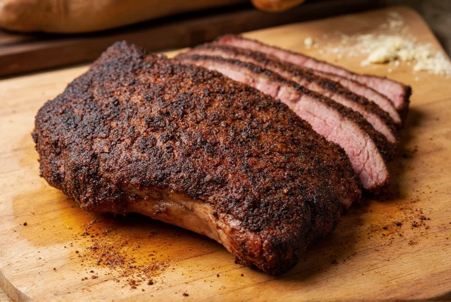 Smoked brisket with peppercorn crust resting on cutting board with dry rub ingredients visible