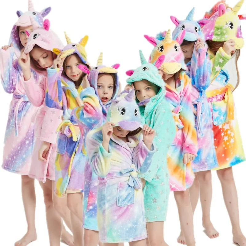 

Animal Open Stitch Girls Robes FLANNEL Kids Hoodied Super Soft Unicorn Bathrobe, 13 colors