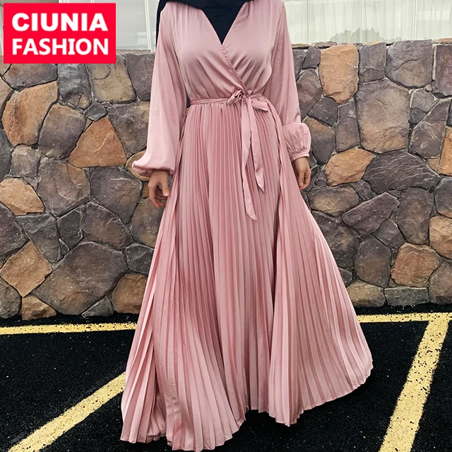 

6377# Eid Solid Color Wrap Long Sleeve Maxi Dress Summer Modest Wear Satin Abaya Dress For Muslim Women, Pink/black/beige/green/mint/ purple