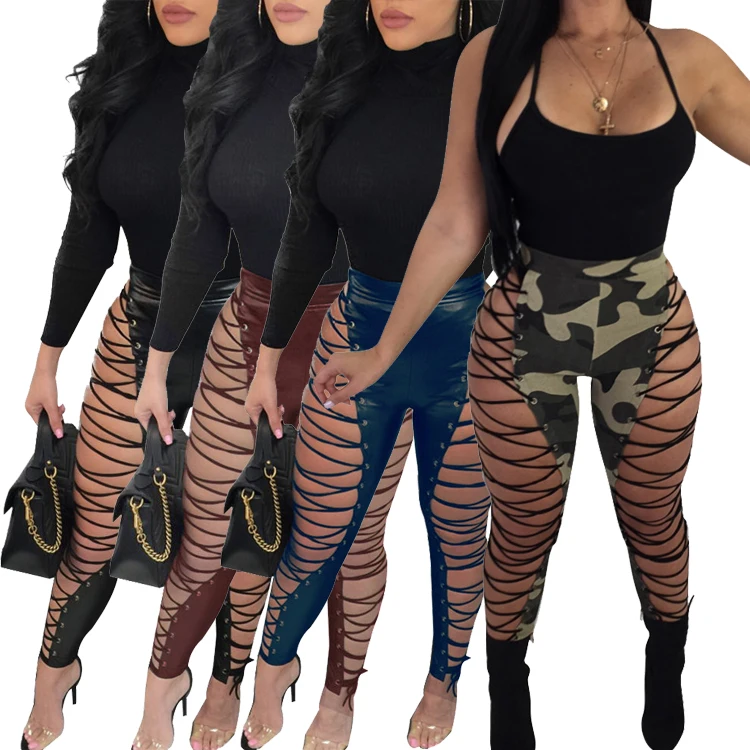 

Hot sale leather sling high waist sexy leather pants nightclub trousers fashion hollow lace up ladies lace pants, 4 colors