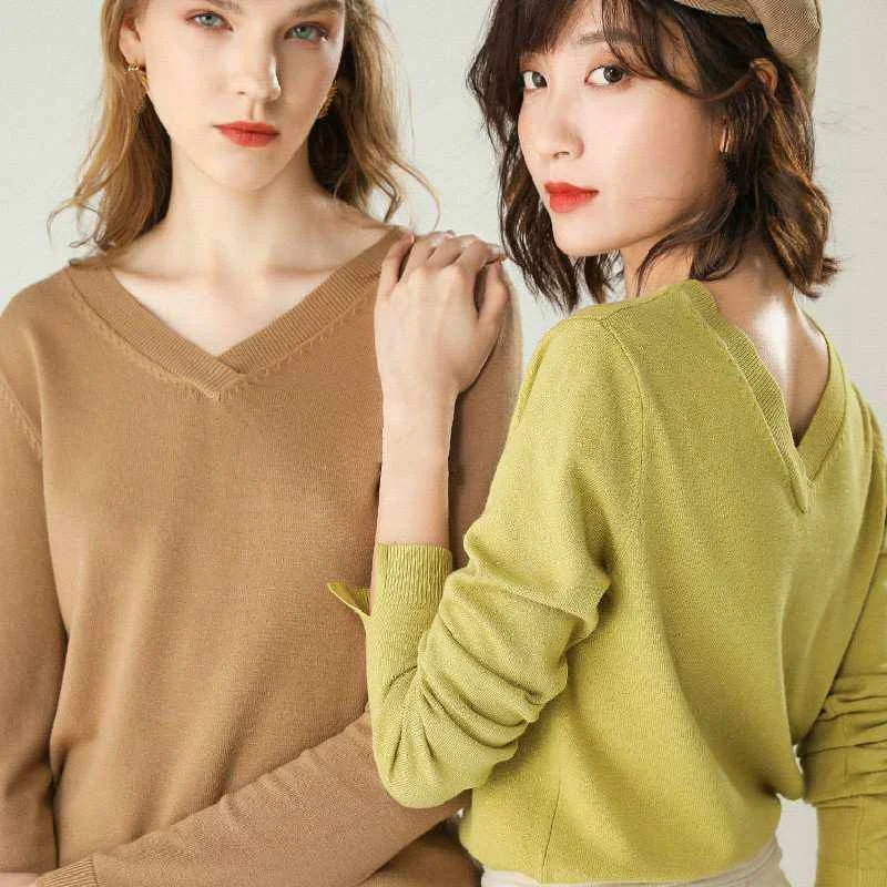

New Fashion Double V-neck Wool Pure Cashmere Sweater Women Pullover Long Sleeve Pull Femme Woman Jumper Sweaters Pullovers