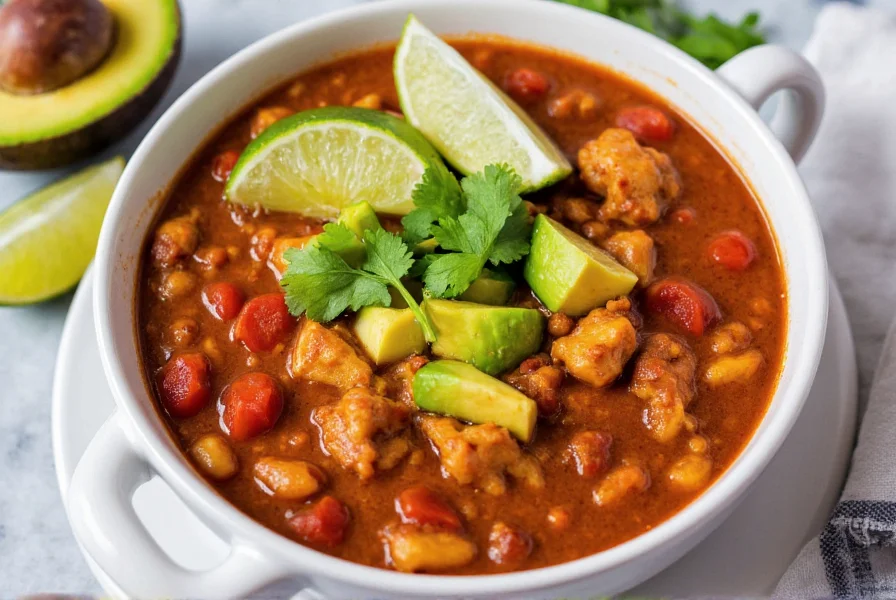 Serving presentation of chicken chili soup in bowl with toppings including avocado, cilantro, and lime wedges