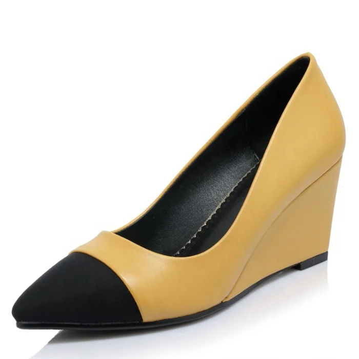 

Office Lady Wedges Heels Pumps Shoes Women Pacthwoork Pointed toe Working Female Wedges High-heeled Comfort Dress Shoes, Yellow black