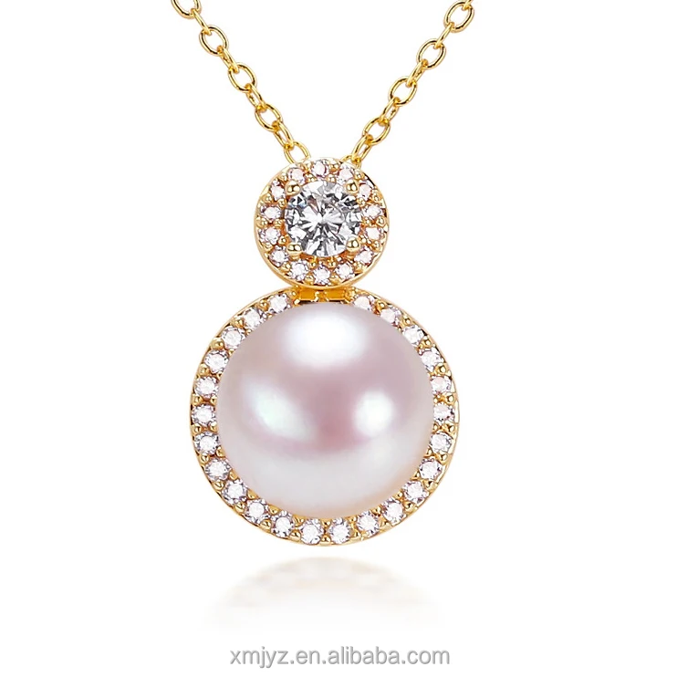 

Certified New Boutique 18K Gilded Craft Zircon Princess Style Natural Freshwater Pearl Necklace Round Pearl Pendant