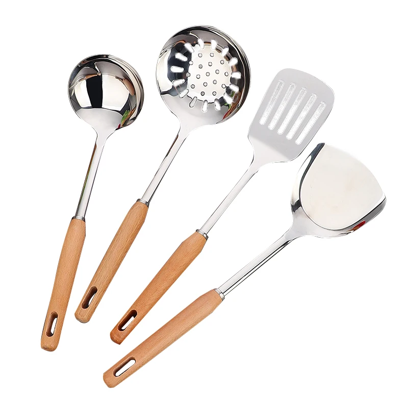 

New light luxury kitchen utensil set beech handle stainless steel cooking tools, Golden,silver,customized color acceptable