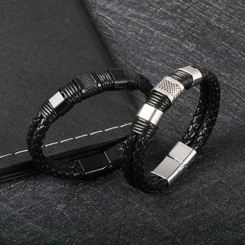 Leather bracelet men's  double leather bracelet stainless steel hand-woven magnetic buckle hand rope bracelet