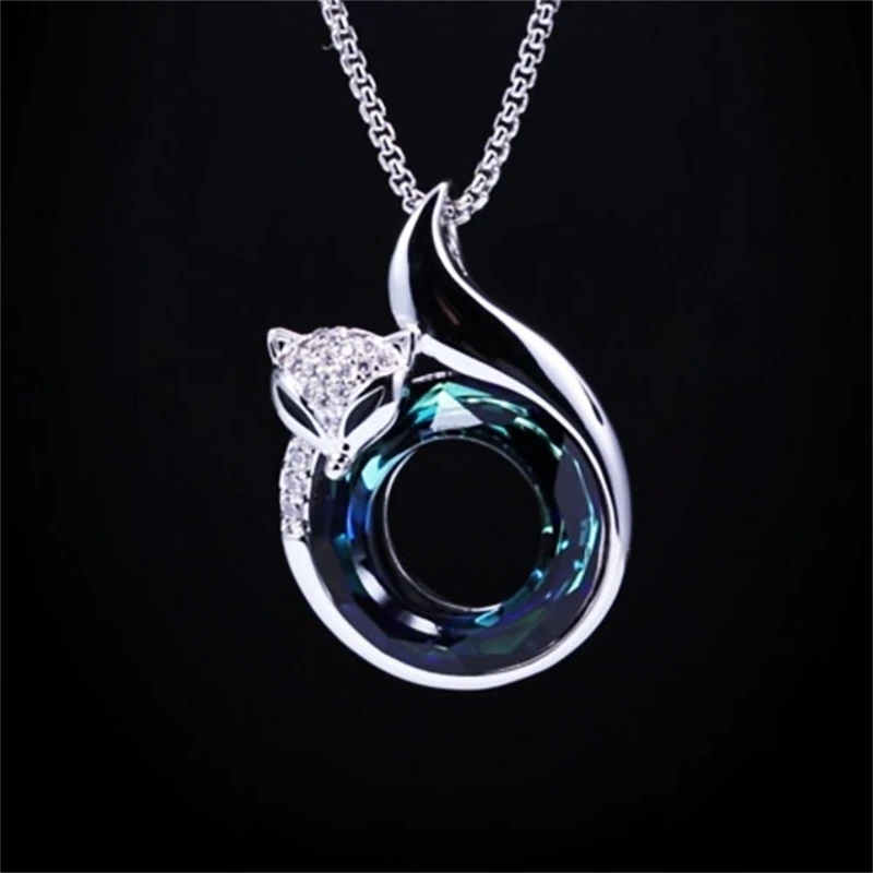 

Plato Silver Fox Pendant Cute Animal Personalized Jewelry Creative Fashion Blue Crystal Fox Necklace