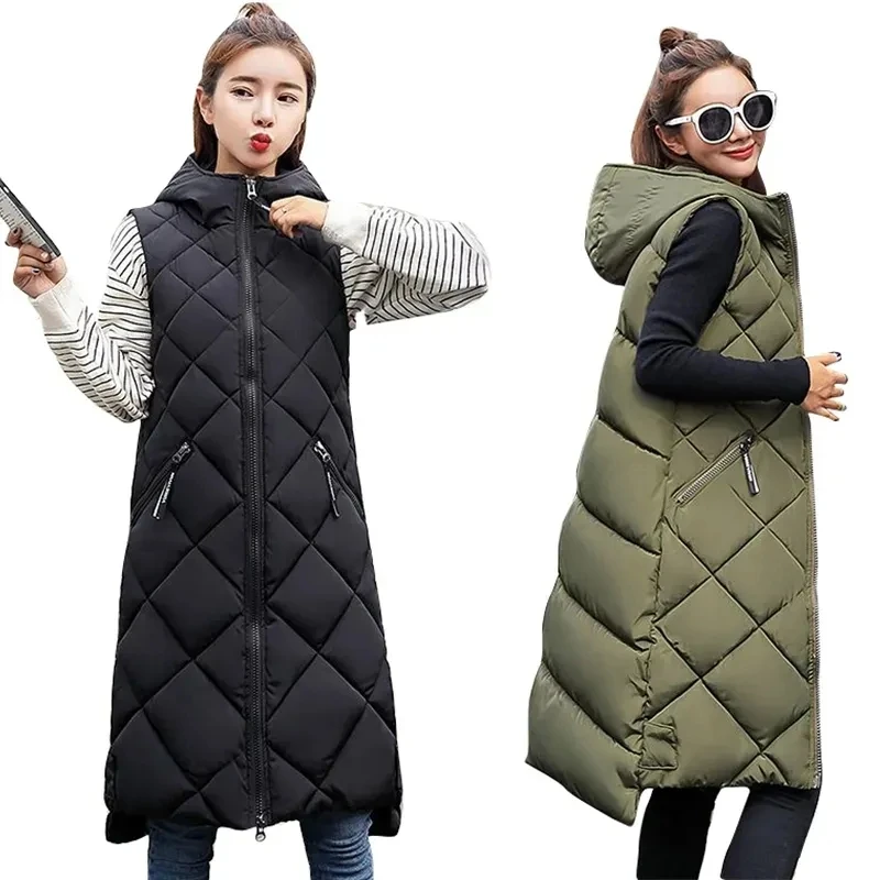 

Women's Sleeveless Vest Long Down Jacket Solid Korea Hooded Padded Vests Loose Females 2023 Ladies Fashion Casual Winter Coat