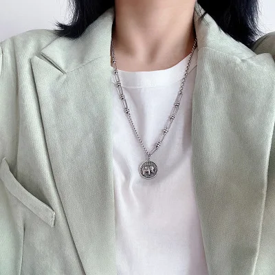 

New Design Retro Old Style Silver Coin Pendant Necklace Cool 30%Sterling Silver Elephant Pattern Coin Drop Necklace For women
