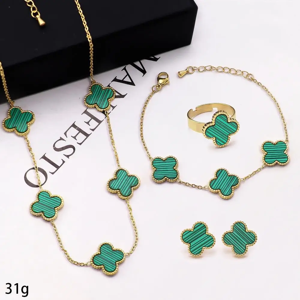 

Clover Leaf Luxury Accessory 18K Gold Plating Stainless Steel Fashion Clover Jewelry Sets With Ring For Women