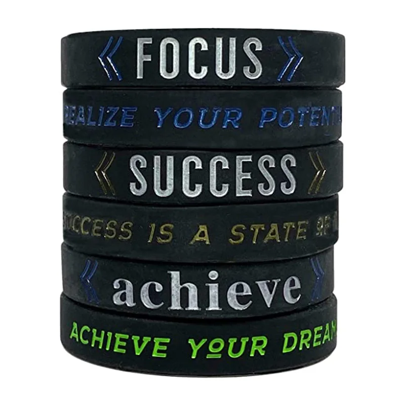 

Motivational Silicone Wristband Bracelets for Men Women Teens with Inspirational messages SUCCESS ACHIEVE FOCUS, Any color