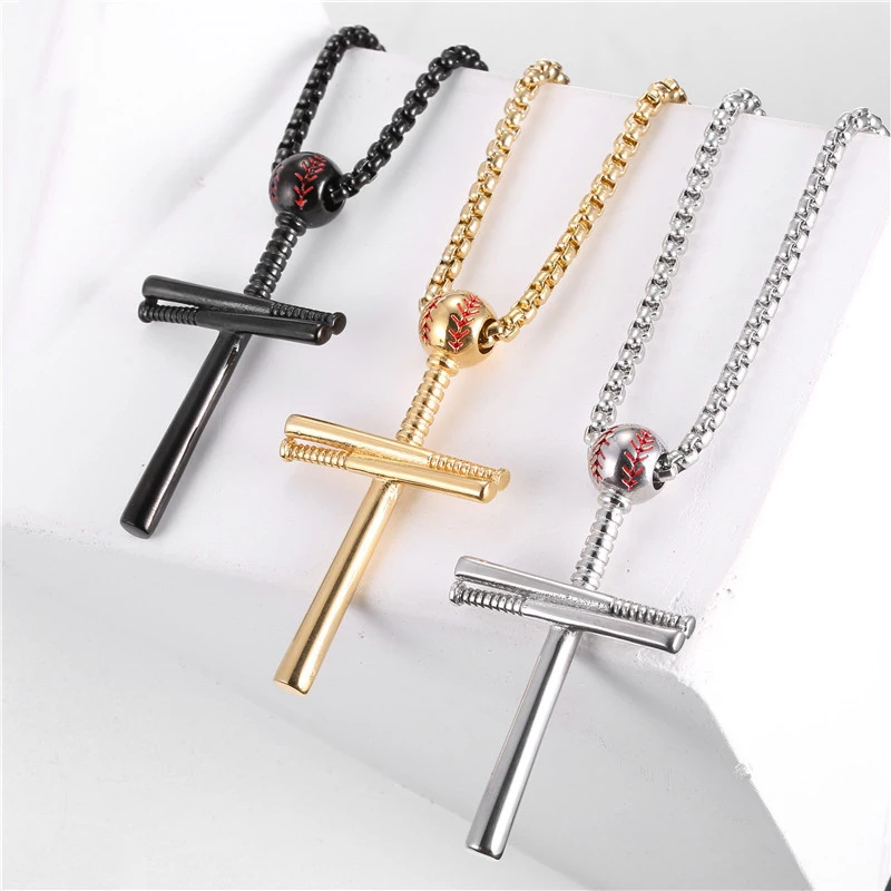 

American design mens religious jewelry stainless steel baseball cross pendant necklace with box chains