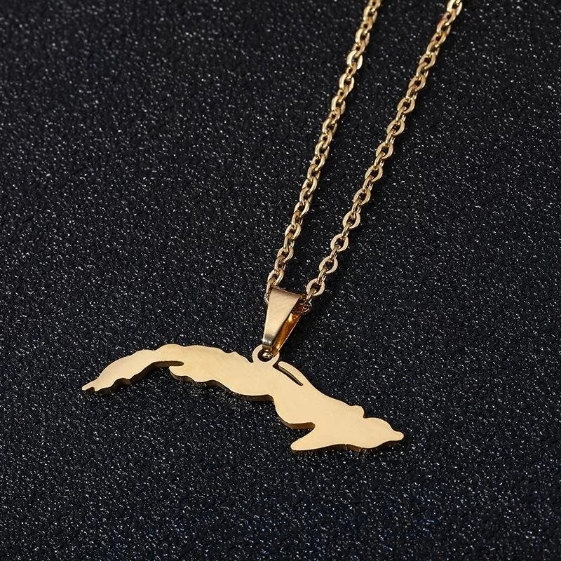 

Wholesale Luxury Stainless Steel Country Map Necklace Real Gold Plated Steel Cuban Map Pendant Necklace For Girls, Picture shows