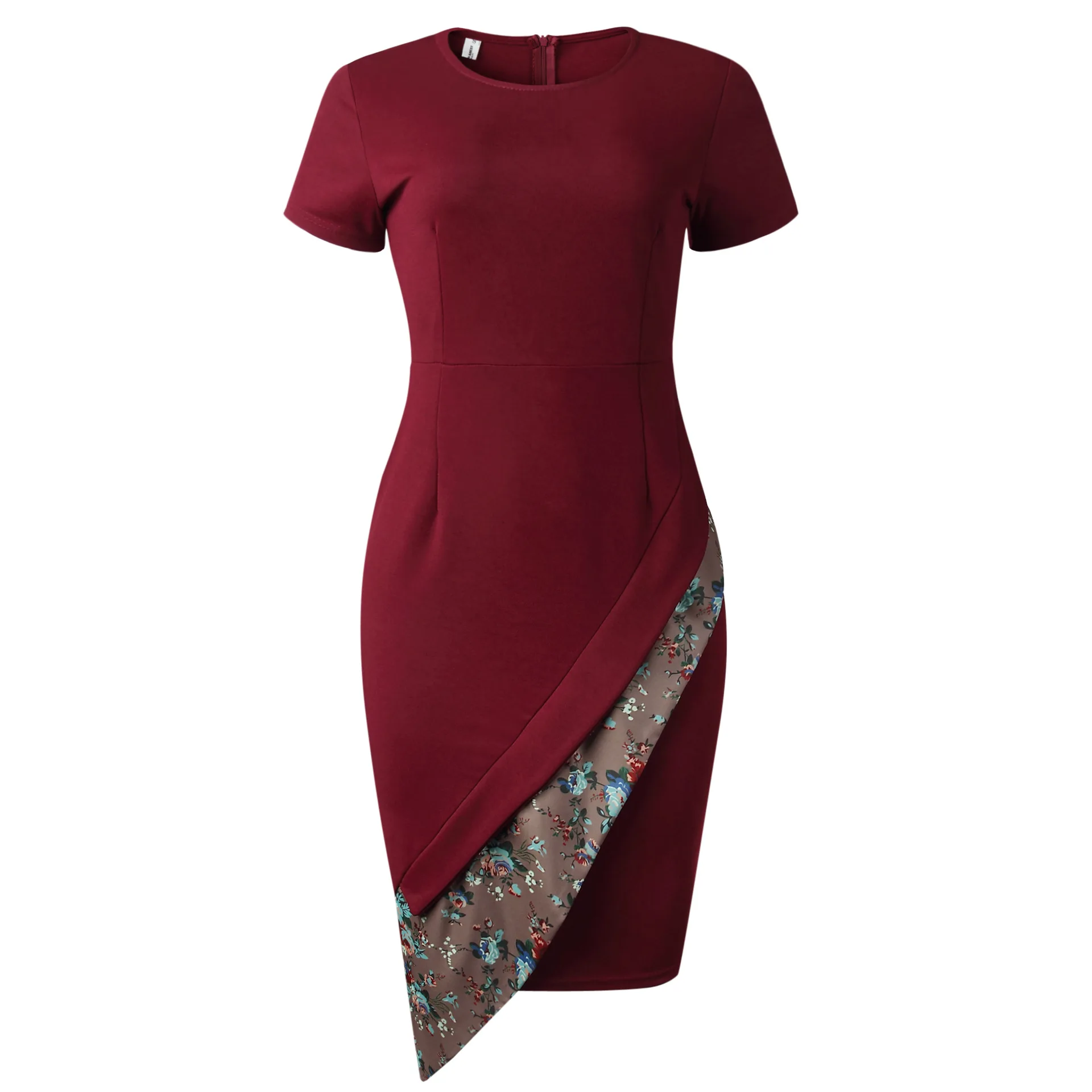 

WW-0595 Wine Red Floral Stitching Big Yards Dress With Short Sleeves Floral Elegant Dresses For Girls, As your request