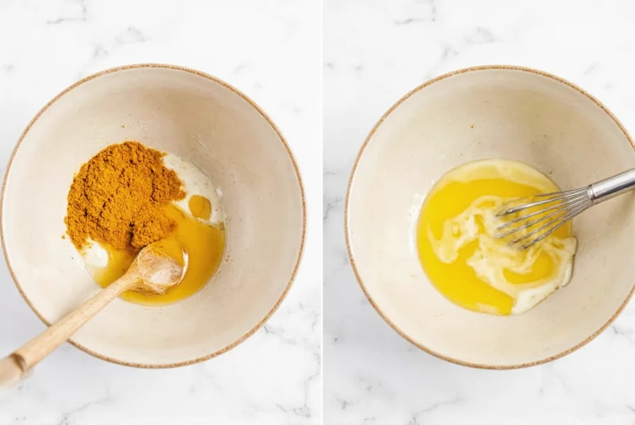 Step-by-step visual guide showing mixing turmeric, honey and yogurt in ceramic bowl for DIY face mask