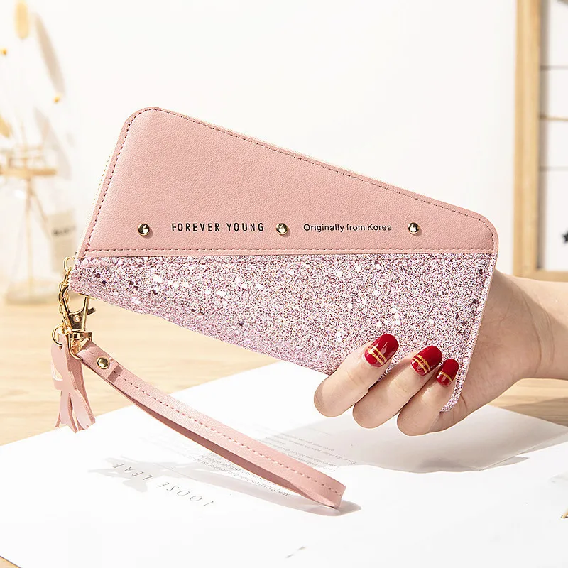 

BG-0027 2020 long zipper wallet girl student spliced contrast color tassel versatile rivet leather wallet for women