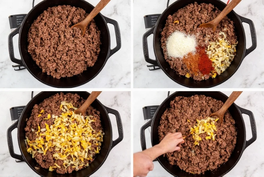 Step-by-step preparation of one pot chili mac in cast iron skillet showing ground beef browning with onions and spices