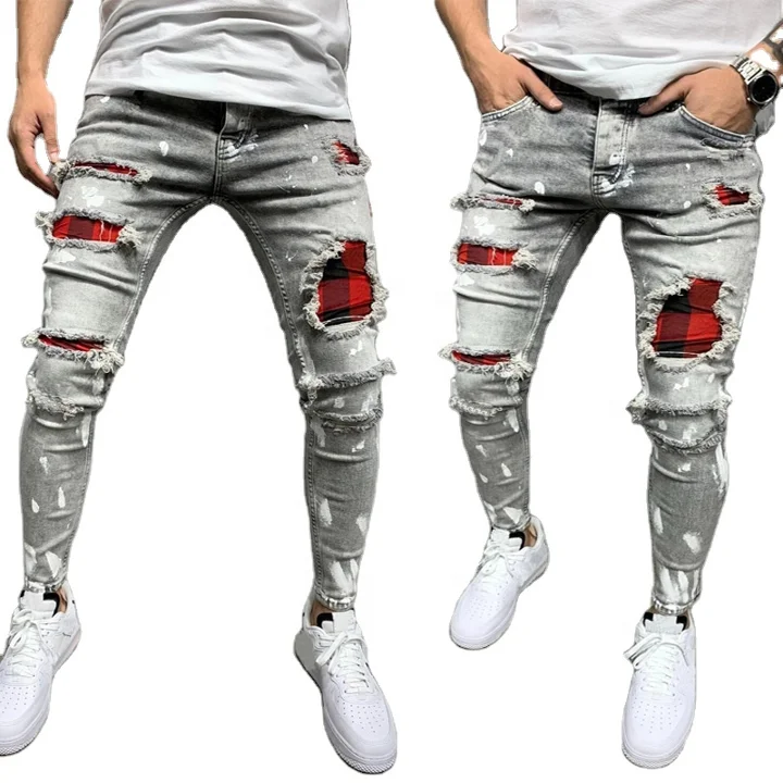 

2021 fashion hot sale men's jeans ripped hollow out denim skinny zipper trousers worn patch plus size pants casual running wear, 3 color as picture