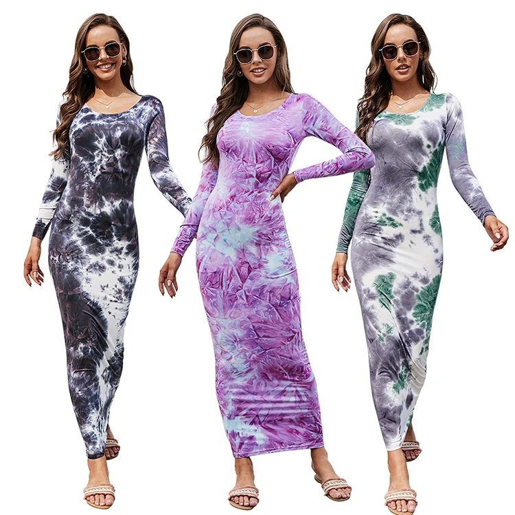 

Fall Dress 2021 Tie Dye Dress Bodycon Maxi Casual Dresses Women Long Sleeves Plus Size Women Clothing, Black, green, purple