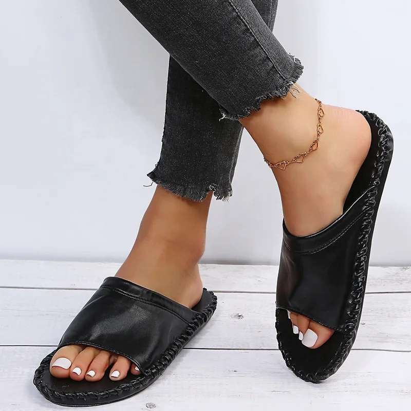 

New Summer Candy Color Flat Soft Bottom Square Toe Slippers Round Toe Slippers For Beach Women Slippers Home Flat Shoes, Black / yellow / pink