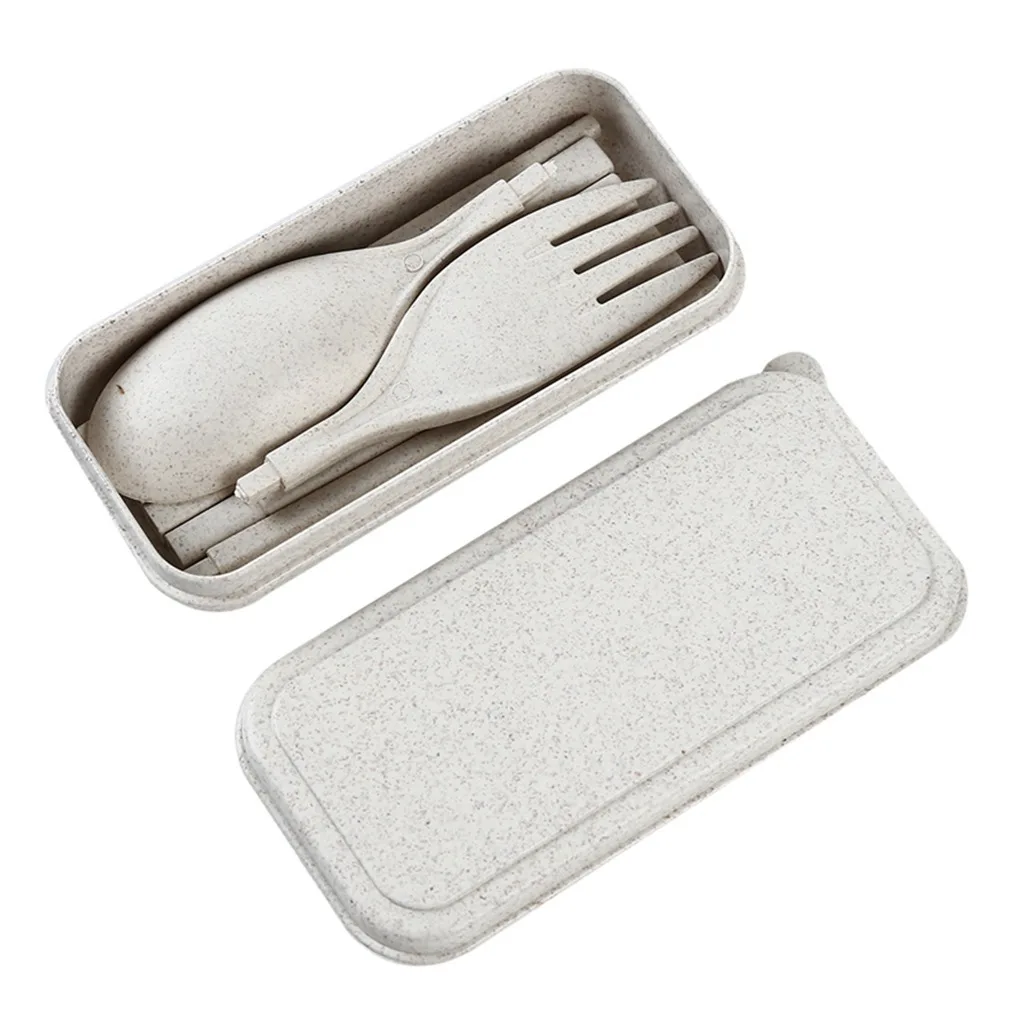 

Wholesale Eco-friendly wheat straw foldable spoon fork knife tableware set travel camping plastic box cutlery, Blue,pink,green,beige