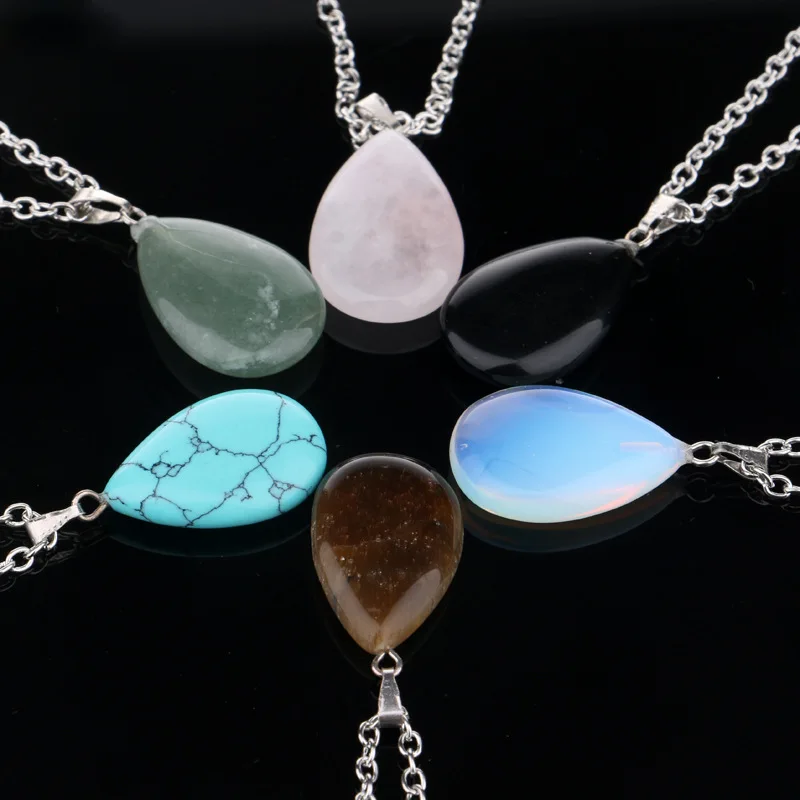 

Flat oval water drop teardrop Natural stone Pendant Necklace Pink Lapis Lazuli Stone Stainless Chain Jewelry for Women