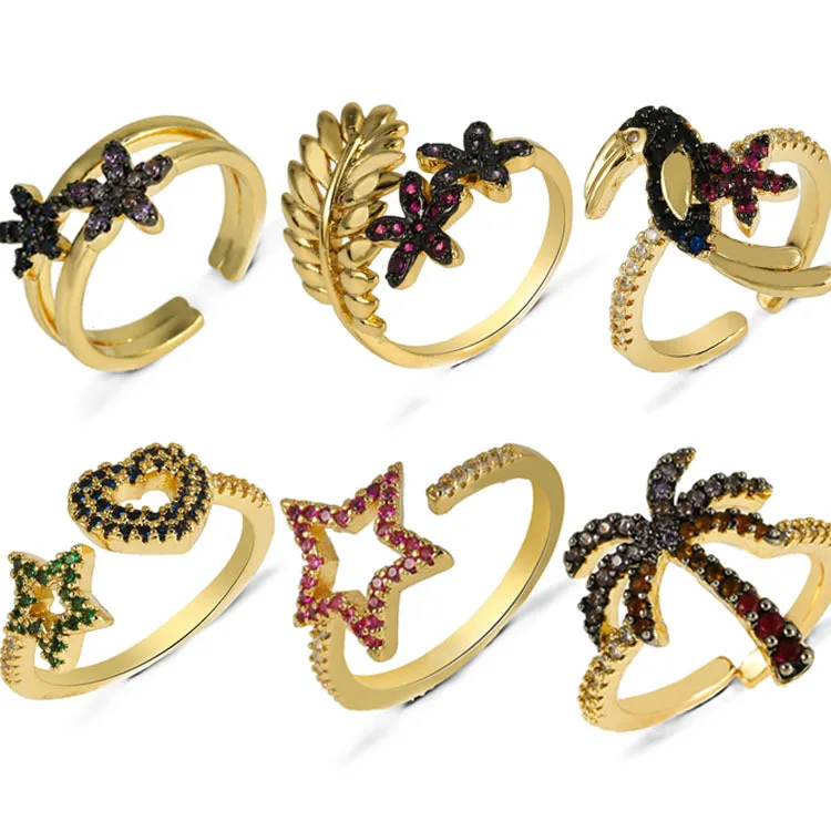 

Vintage Color CZ Zircon Heart Coconut Tree Leaf Finger Ring Fashion 18K Gold Plated Cubic Zirconia Flower Shaped Opening Rings
