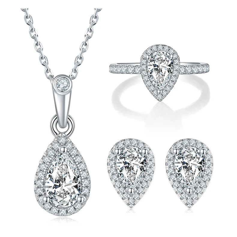 

Exquisite Details Jewelry Chunky 925 Sterling Silver 3 Pieces Bridal Set VVS Diamond Pear Cut Moissanite Jewelry Set