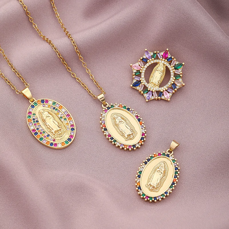 

Wholesale Fashion Virgin Mary Colourful Zircon Gold Plated Stainless Steel Chain Necklace For Women