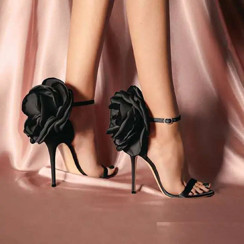 

710-1 Big flower lady sandals open toe Buckle thin high heels woman party dress shoes size 35-40 black Apricot