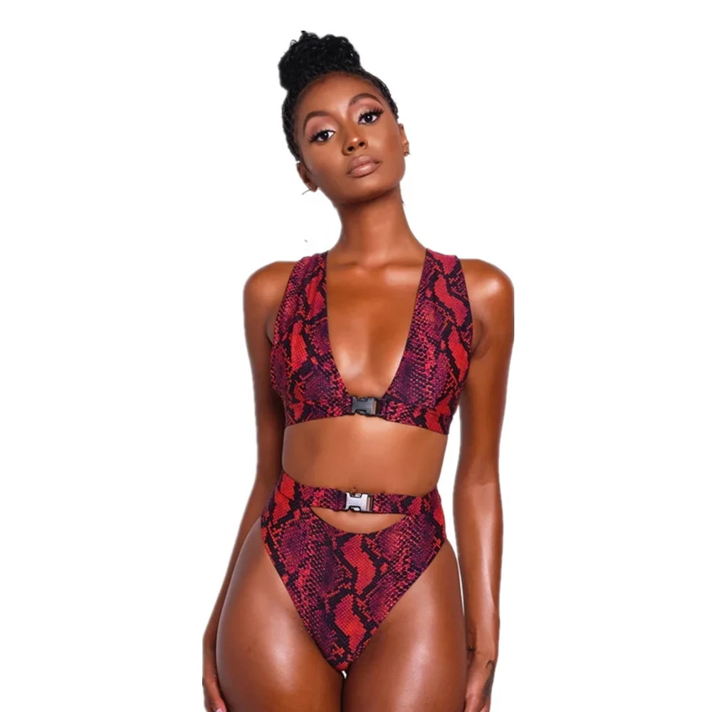 

KX-9089 New season highwaist swimsuits ring sexy african snake print hot bikini 2 piece swimwear woman