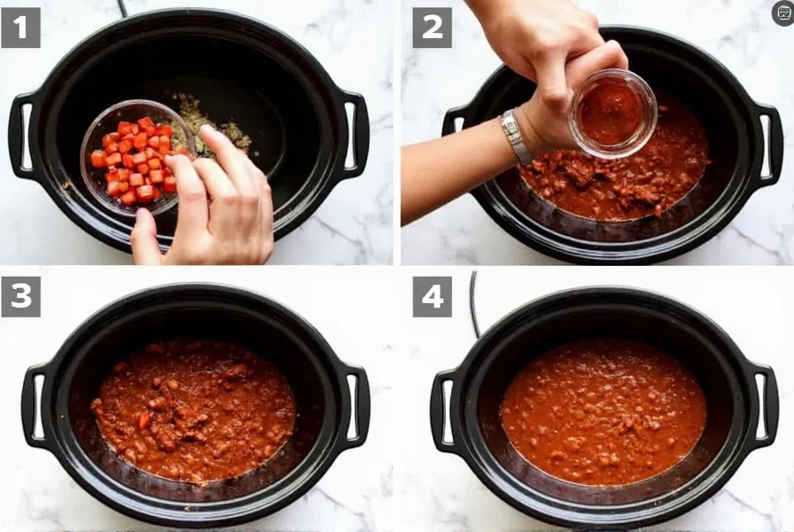 Step-by-step crockpot chili preparation showing ingredients being added to slow cooker