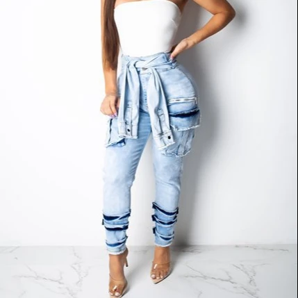 

New Arrivals Hot style Sexy Nightclub Fake-sleeved Skinny Denim Pants Stacked Women's Jeans, White/light blue/black