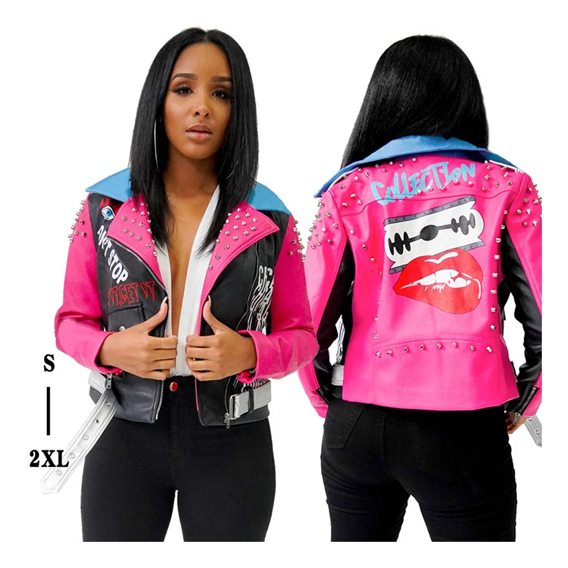 

High Quality Rivet Printed Lapel Collar PU Fashion Jackets Contrast Color Zipper PU Rivet Leather Women Jacket Coat, Black+pink