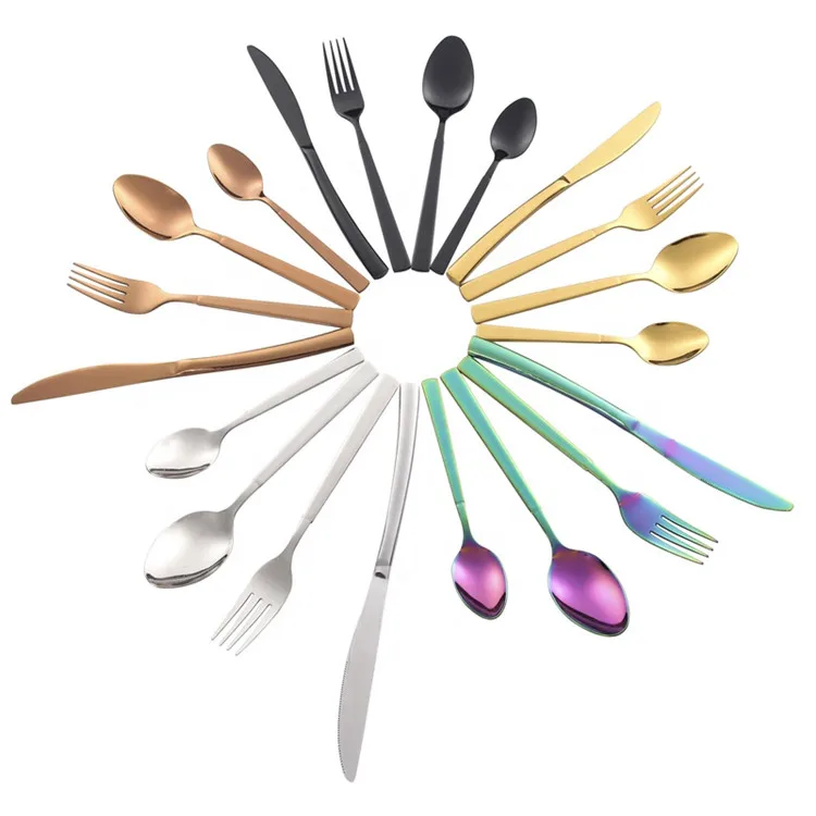 

H76 4 Pcs / Set Multi Color Mirror Polished Plated Tableware Stainless Steel Spoon Fork Knife Kit Dinnerware Sets