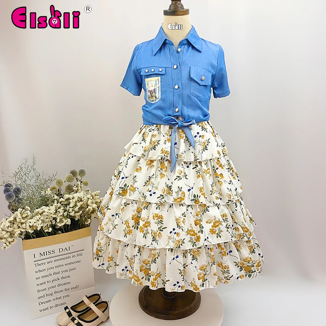 

Elsali wholesale new style children clothes shirt style jacket Floral Cake dresses Summer Girls Clothing Sets, As pictures