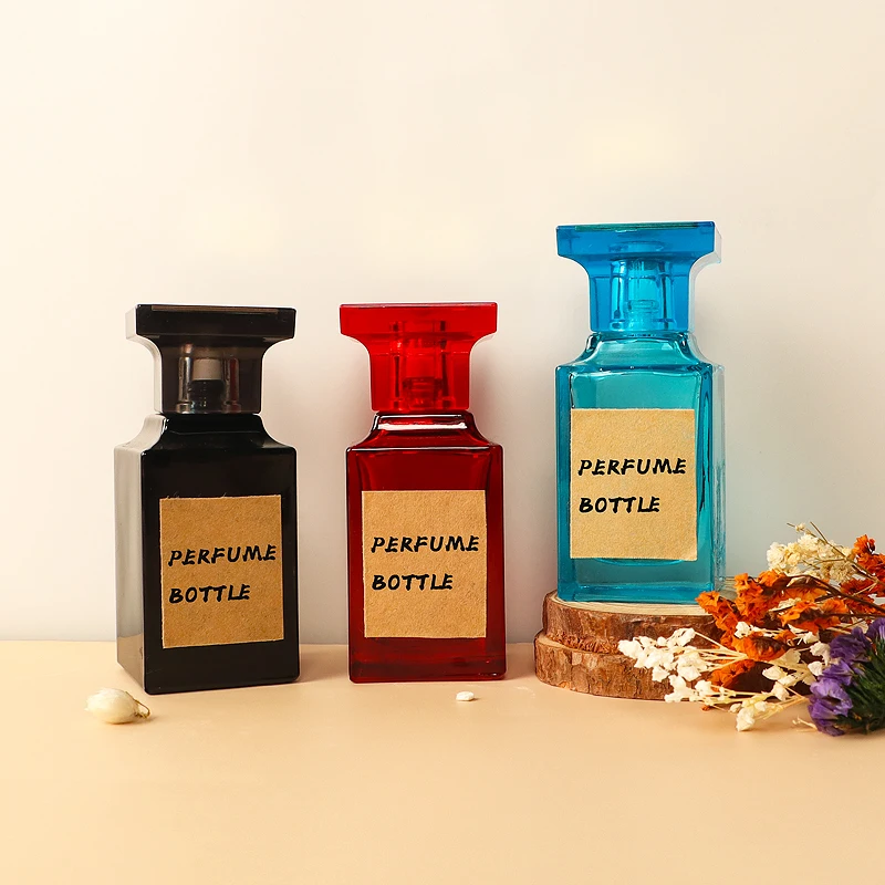 

50ml custom luxury square shaped crimp neck glass perfume bottles with lid