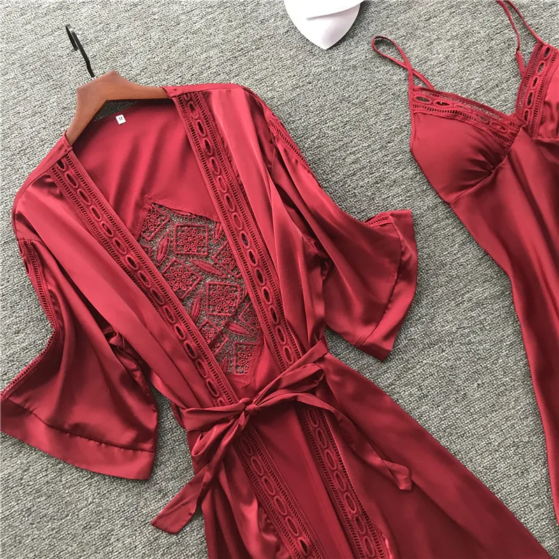 

High quality new product 2pc lace robes pajamas set with lace in back woman homewear, As pic.