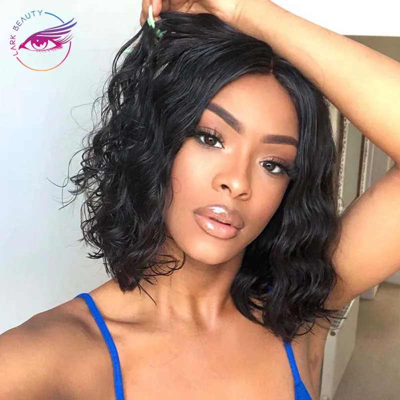 

CheapShort Bob Wavy Curly Wig Synthetic Black Wavy Bob Wigs Shoulder Length Hair Middle Part Natural Hairline Heat Resistant Wig