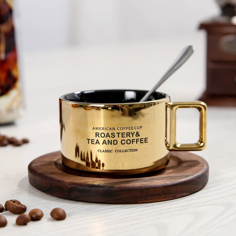3OZ Ceramic Coffee Espresso Cup and Saucer with Reactive Glaze Small Gold Plating Cup with Wooden Plate Small Tea Cup