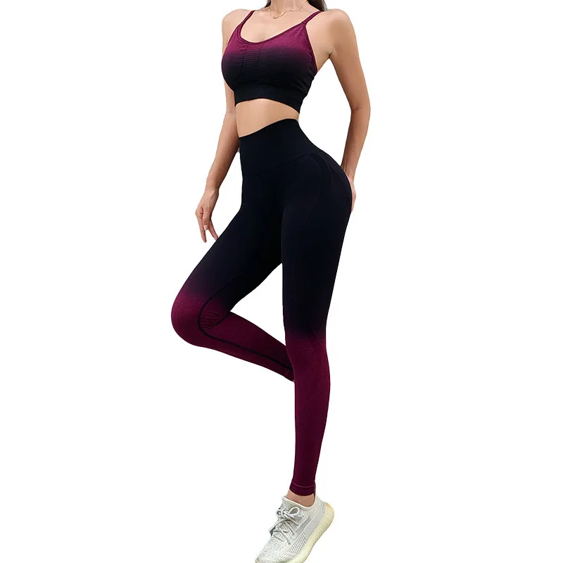 

Seamless Leggings Yoga Suit 3 Piece Suit Gradient Tight Gym Stretch Fitness Suit Women's Clothing Fitness Pants Sports Bra