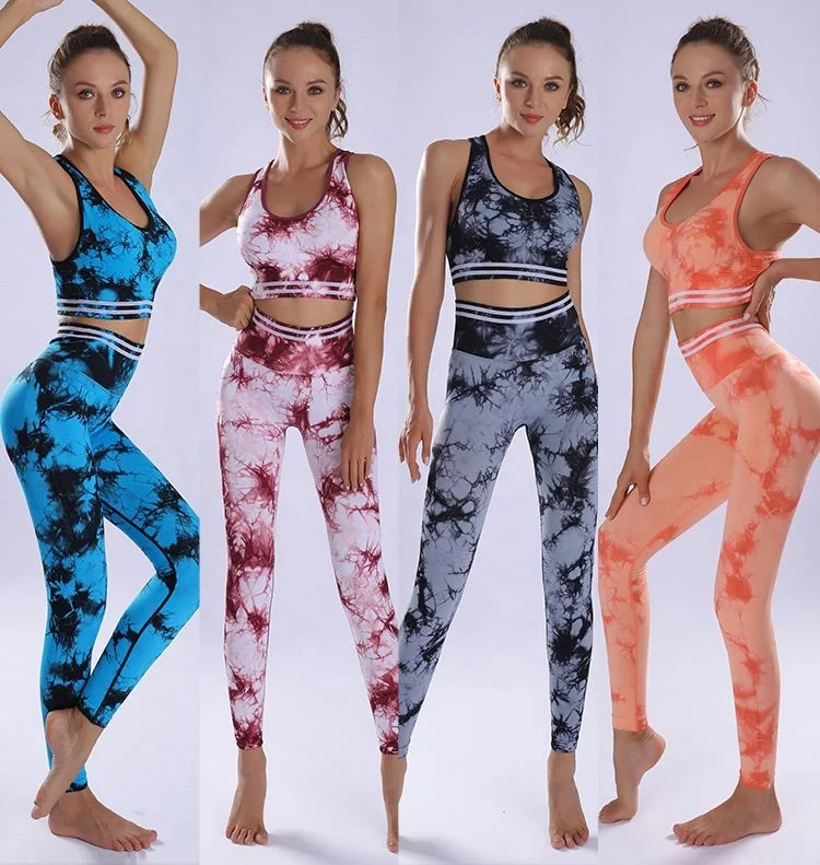 

VOOGUE Tie-dye Print Yoga Suit Ladies Seamless Sports Bra Hygroscopic Fitness Tights, Shown