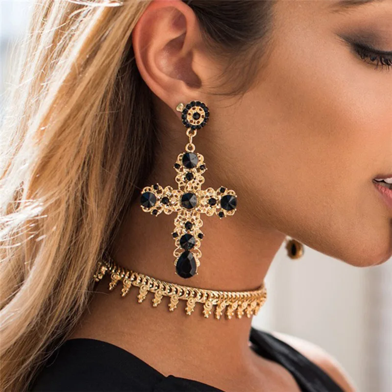 

New Arrival Jewelry Vintage Baroque Cross Personalized Over Sized Fashion Pendant Earrings, Gold silver