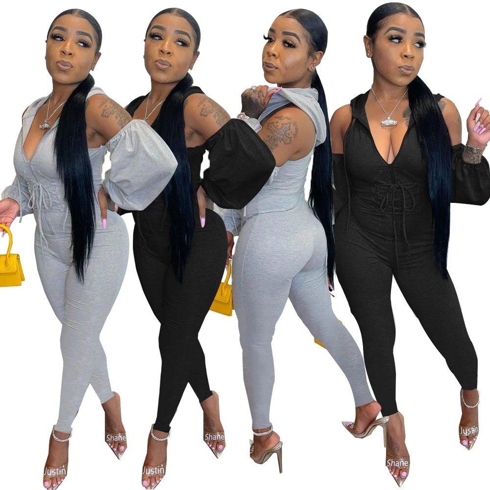 

Wholesale Womens Jumpsuit Rompers Solid Color Grey Long Sleeve V-neck Zipper Casual Cold Shoulder Stitching Jumpsuit