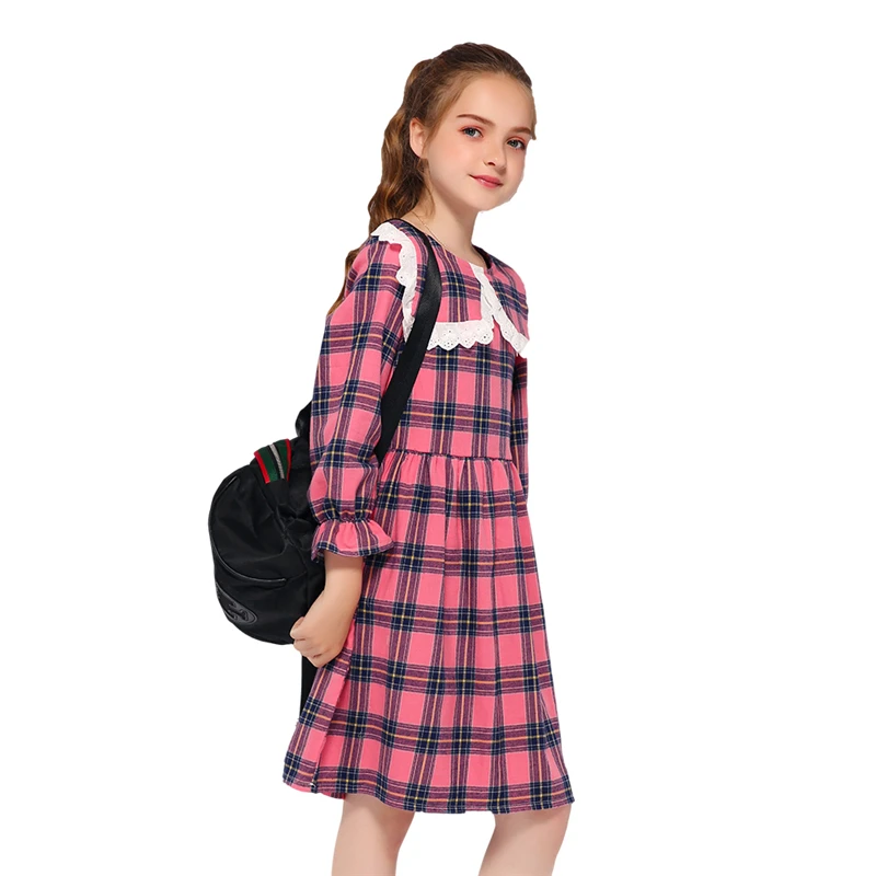 

Kseniya Kids Wholesale Spring Autumn Girls Long Sleeve Dress Lace Cotton Plaid 2 to 9 Years, Pink