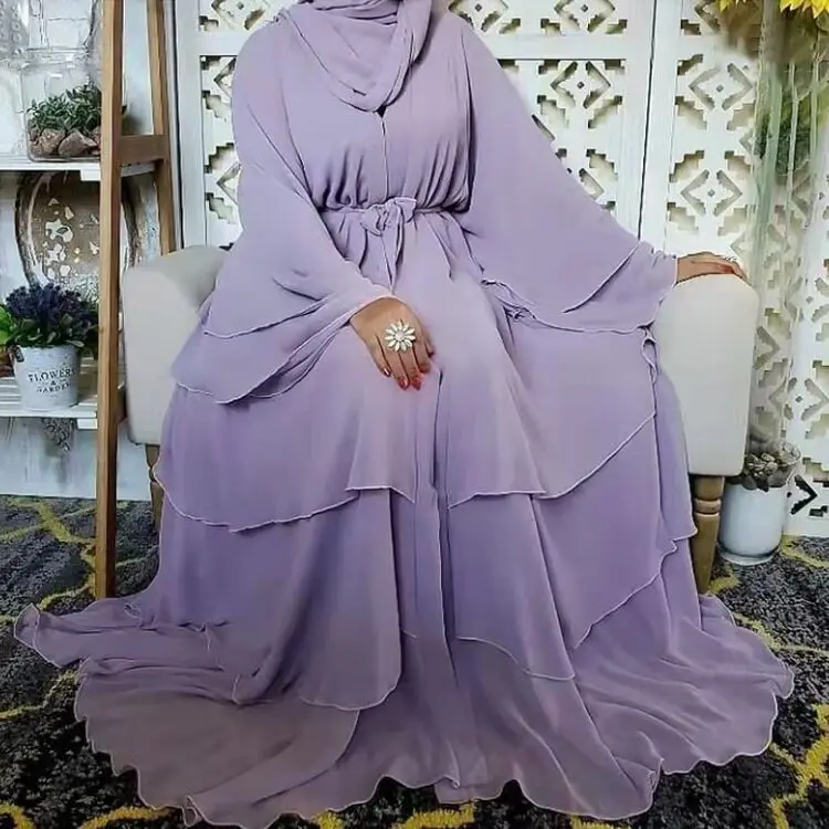 

2021 new design Turkey solid color dress arabic layered long cardigan dress muslim dubai women front open abaya, 3 colors