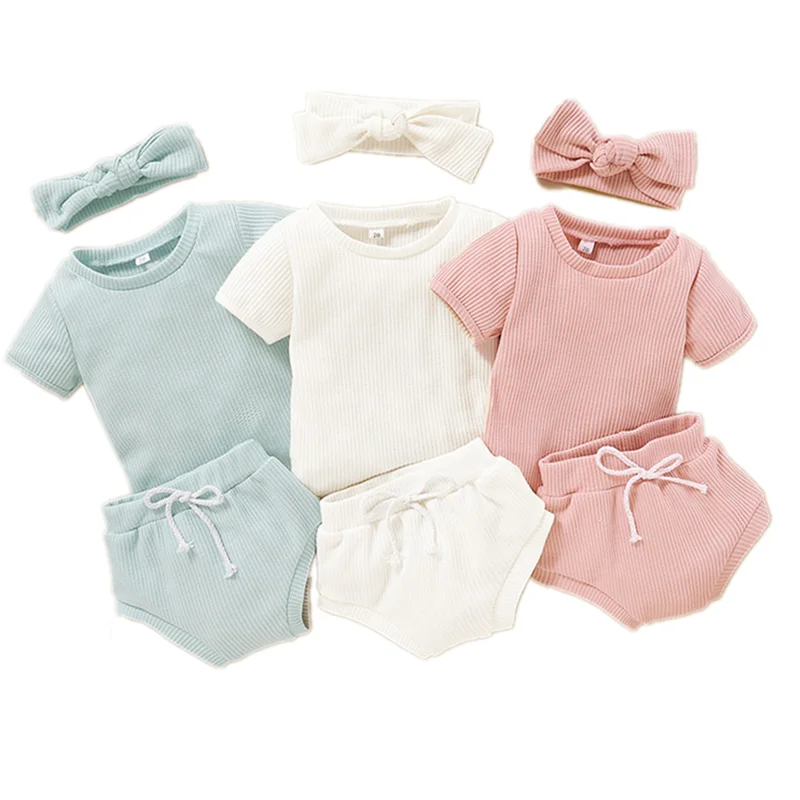 

2021 New Baby Girls Three Piece Set Romper+Shorts+Headband Newborn Cotton Summer Bodysuit One Piece Jumpsuit Clothing Set