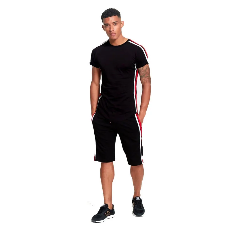 

Custom White Branded Tape Slim fit Cotton Jersey Twinsets T-Shirts and shorts Male Sports, Black,green,white,blue,red